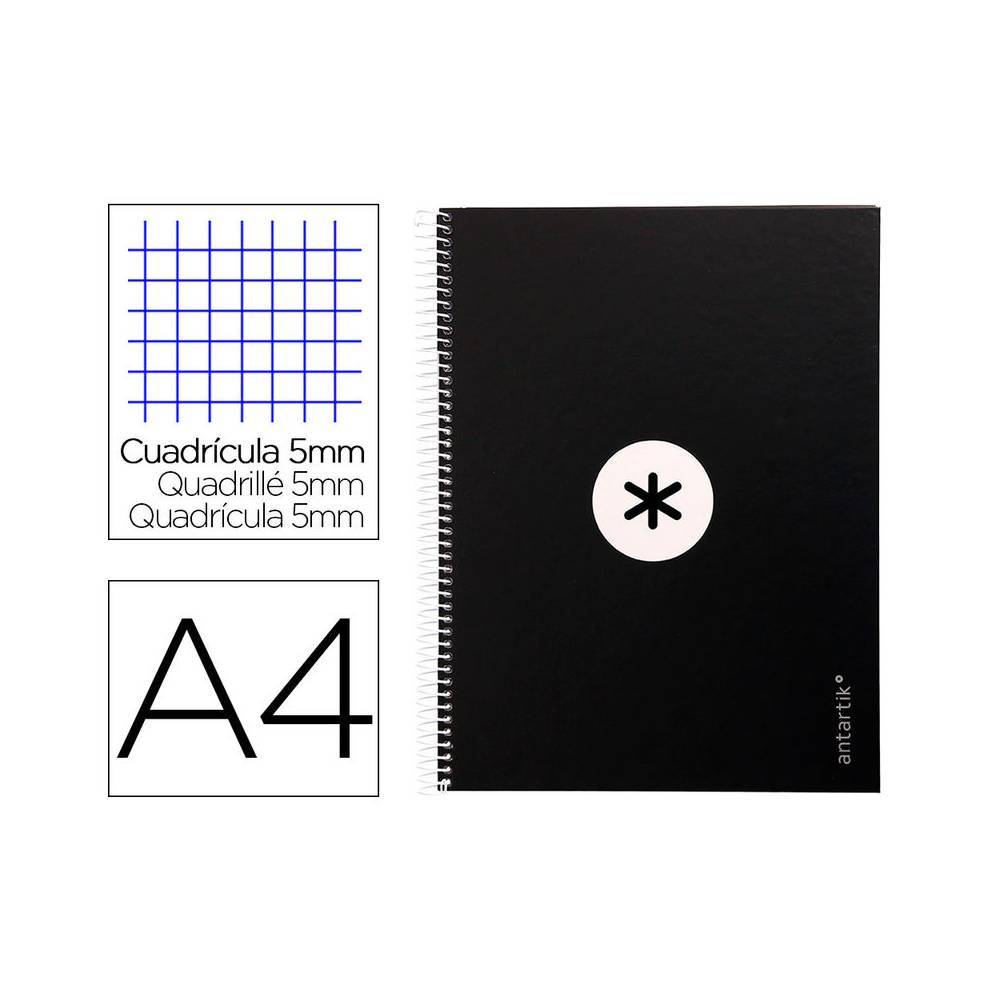 Cuaderno espiral liderpapel a4 micro antartik tapa forrada 80h 90 gr cuadro 5mm 1 banda 4 taladros negro