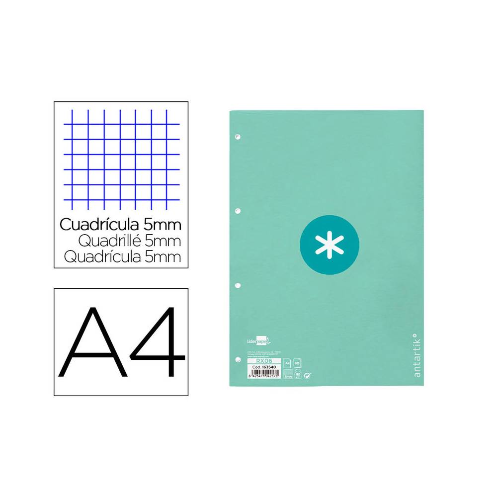 Recambio liderpapel a4 antartik 80 hojas 90g/m2 cuadro 5 mm 4 taladros 1 banda marco color menta