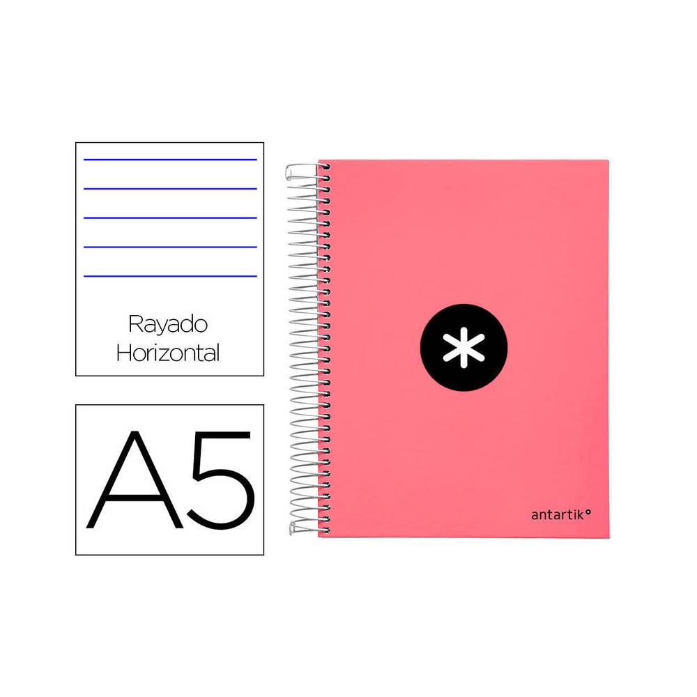 Cuaderno espiral liderpapel a5 micro antartik tapa forrada120h 100 gr horizontal 5 banda6 taladros color coral