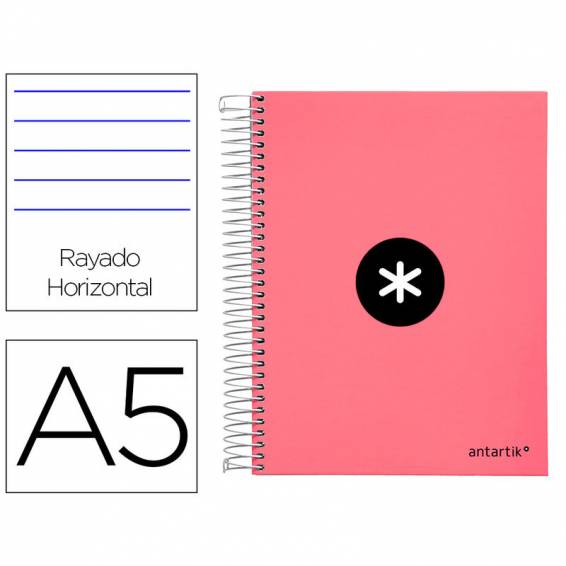 Cuaderno espiral liderpapel a5 micro antartik tapa forrada120h 100 gr horizontal 5 banda6 taladros color coral