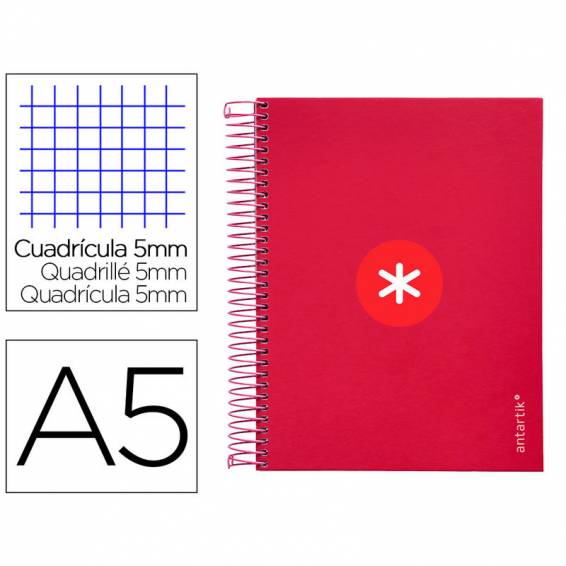 Cuaderno espiral liderpapel a5 micro antartik tapa forrada120h 90 gr cuadro 5mm 5 bandas6 taladros color frambuesa