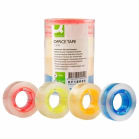 Cinta adhesiva q-connect transparente 25 mt x 18 mm con madril de color pack de 4 unidades