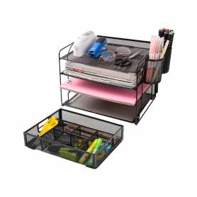 Organizador sobremesa q-connect kf17291 bandeja metalica rejilla negra con 6 departamentos 235x183x65 mm