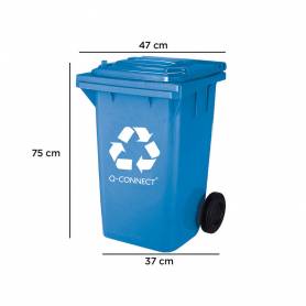 Papelera contenedor q-connect plastico azul para papel y carton 100l con tapa y ruedas 750x470x370 mm