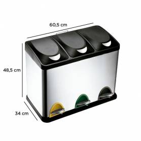 Papelera contenedor q-connect metalica con tapadera de plastico y pedal 3 depositos 45l 605x340x485 mm