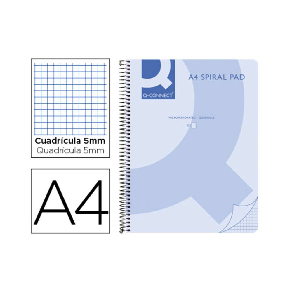 Cuaderno espiral q connect a4 micro tapa plastico 80h 70g cuadro 5mm sin bandas 4 taladros azul