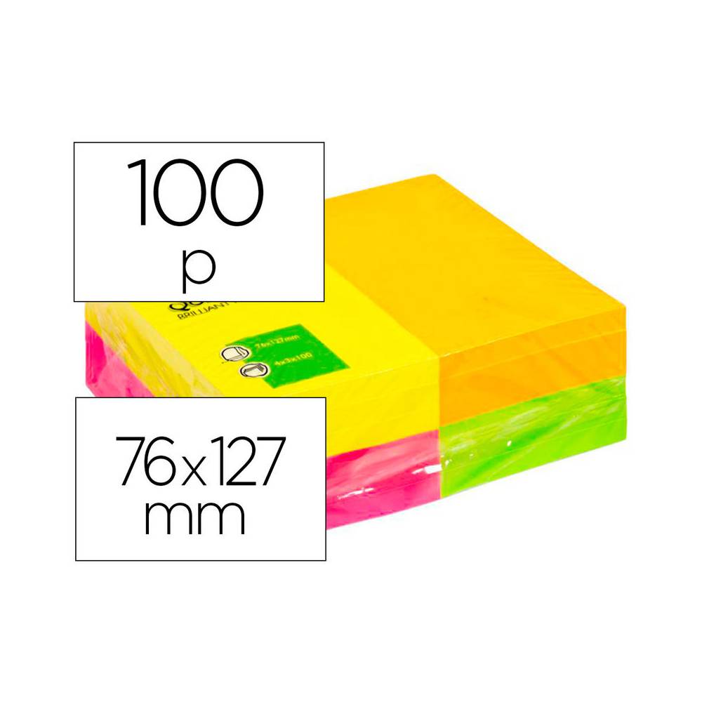 Bloc de notas adhesivas quita y pon q-connect 127x76 mm con 100hojas fluorescentes pack de 12 -surtidas en 4 colores