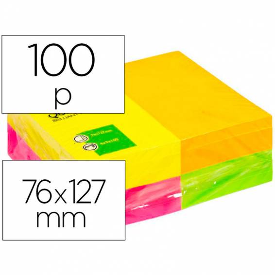 Bloc de notas adhesivas quita y pon q-connect 127x76 mm con 100hojas fluorescentes pack de 12 -surtidas en 4 colores