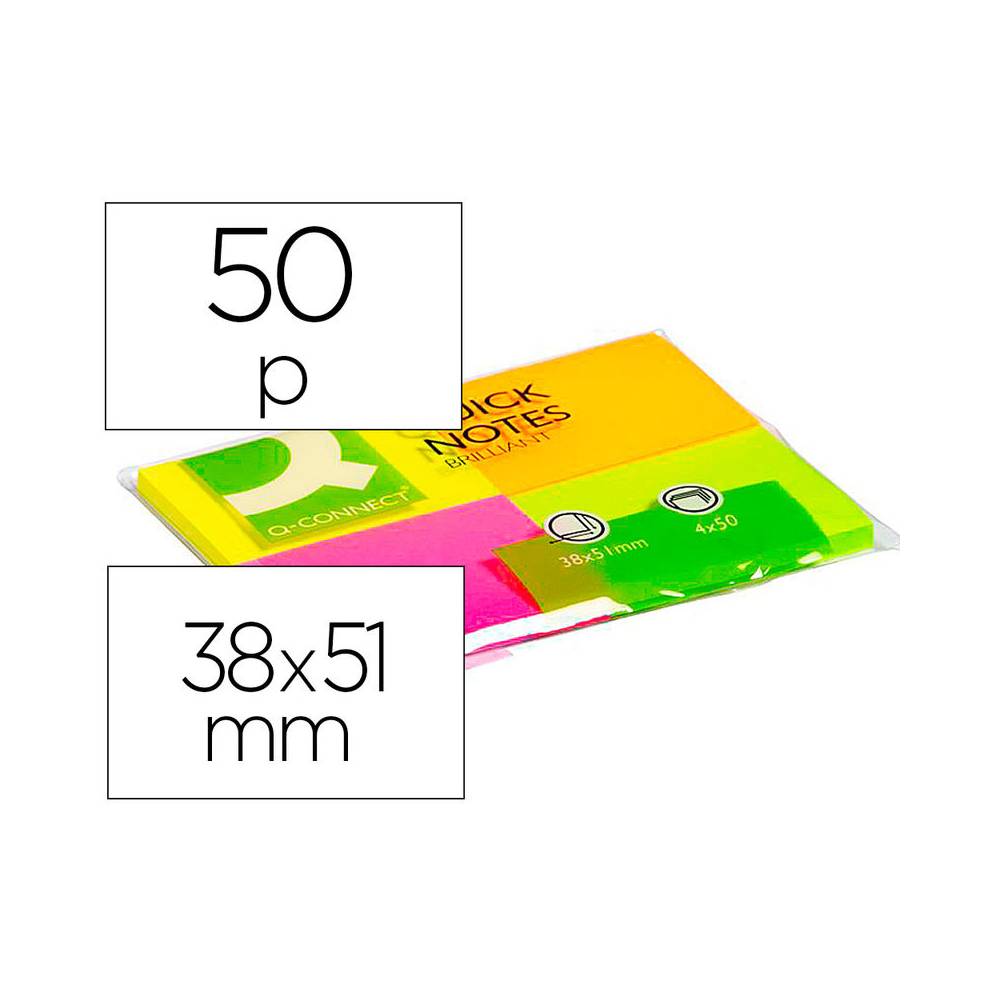 Bloc de notas adhesivas quita y pon q-connect 38x51 mm con 50 hojas fluorescentes pack de 4 unidades