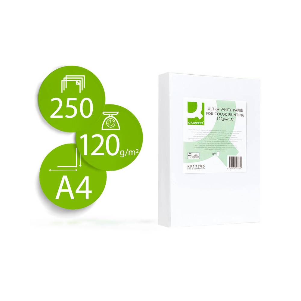 Papel fotocopiadora q-connect ultra white din a4 120 gramos paquete de 250 hojas