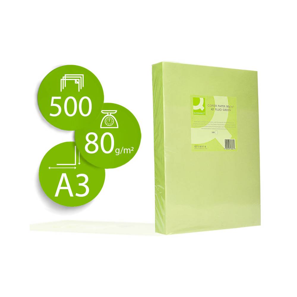 Papel color q-connect din a3 80gr verde neon paquete de 500 hojas