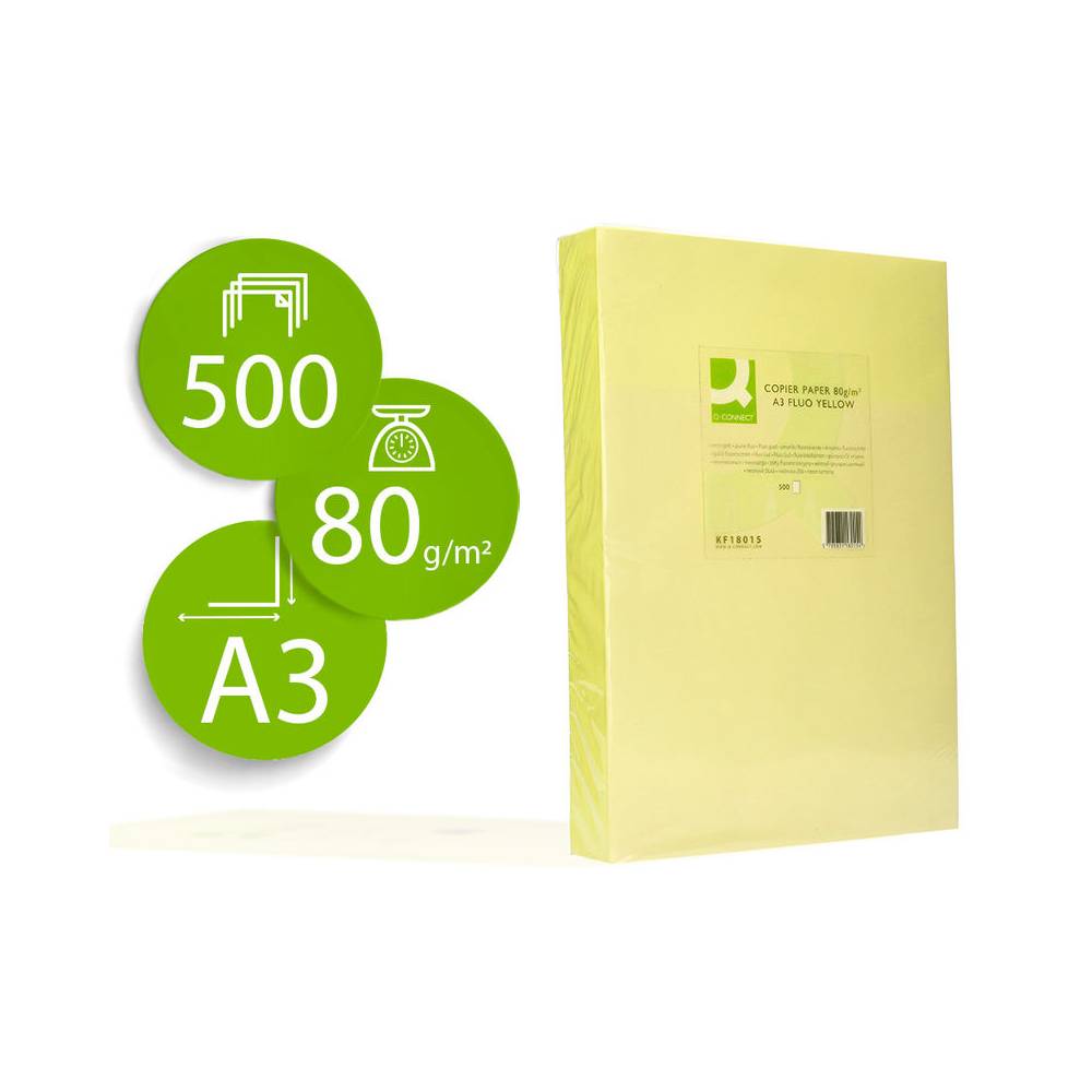 Papel color q-connect din a3 80gr amarillo neon paquete de 500 hojas