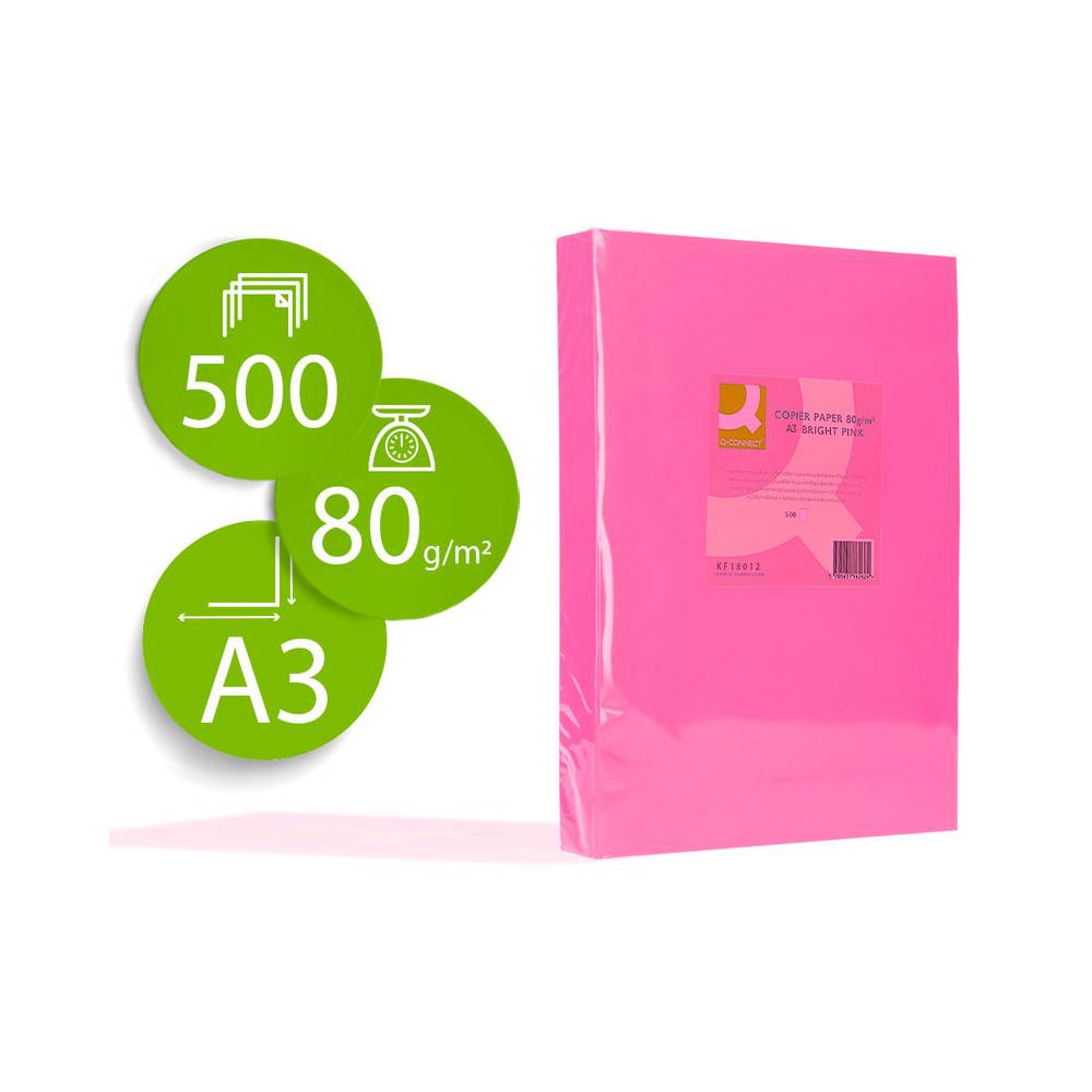 Papel color q-connect din a3 80gr rosa intenso paquete de 500 hojas