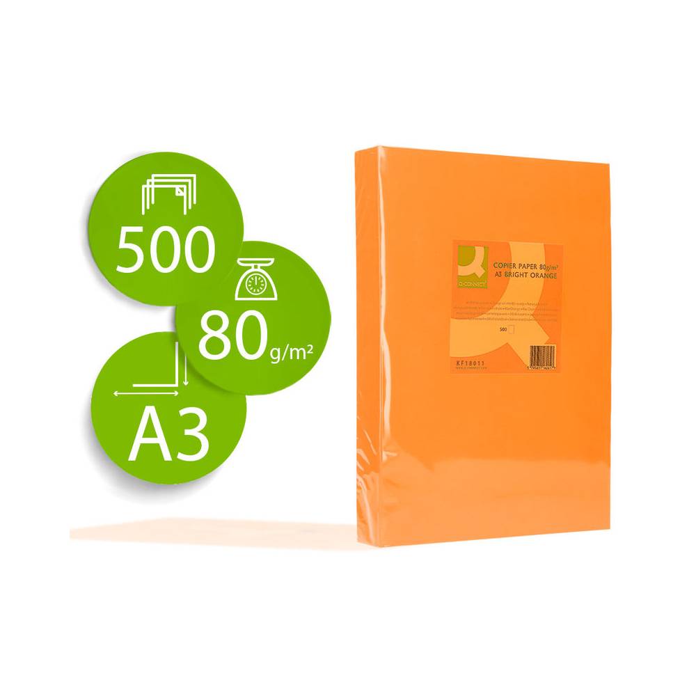 Papel color q-connect din a3 80 gr naranja intenso paquete de 500 hojas