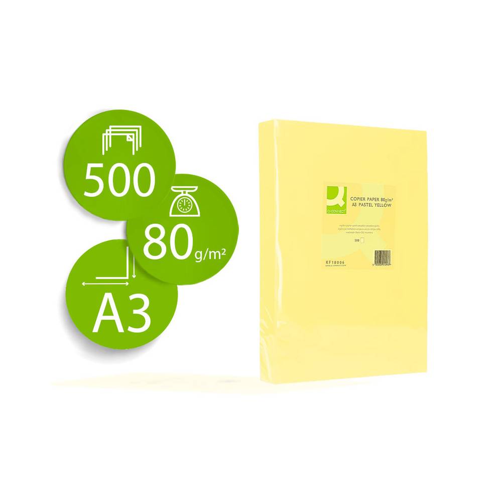 Papel color q-connect din a3 80gr amarillo paquete de 500 hojas