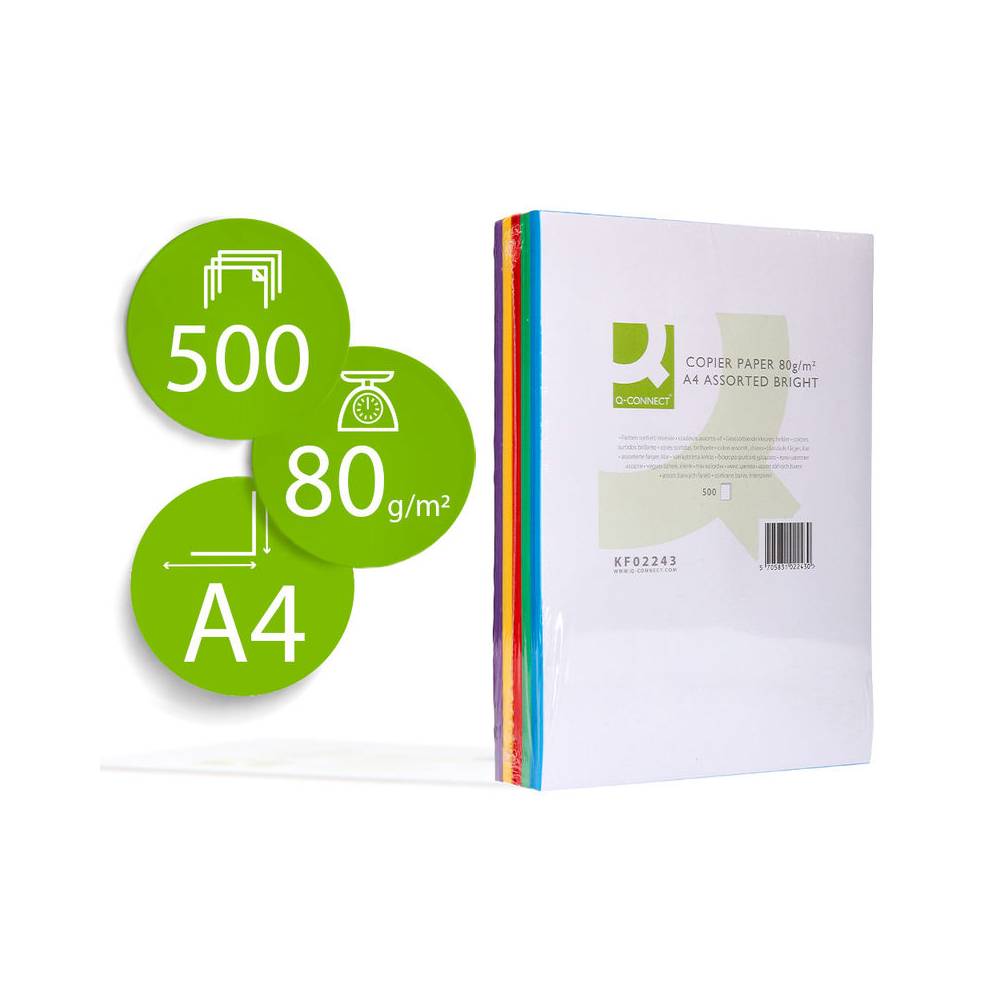 Papel color q-connect din a4 80 gr 5 colores surtidos intensos paquete de 500 hojas