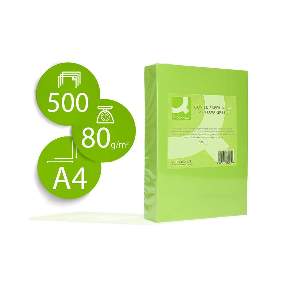 Papel color q-connect din a4 80gr verde neon paquete de 500 hojas