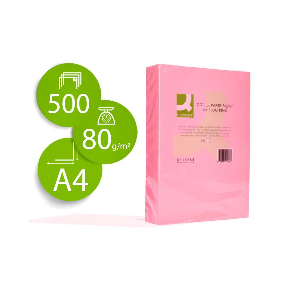 Papel color q-connect din a4 80gr rosa neon paquete de 500 hojas