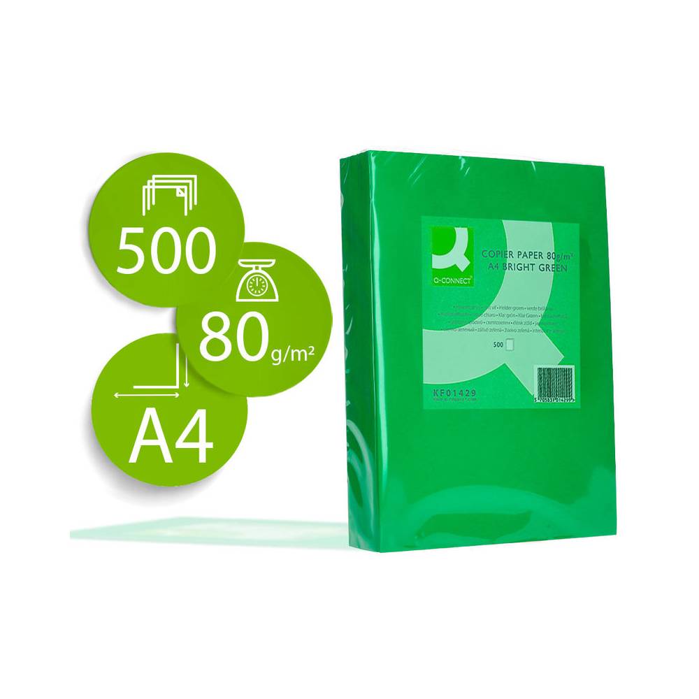 Papel color q-connect din a4 80gr verde intenso paquete de 500 hojas