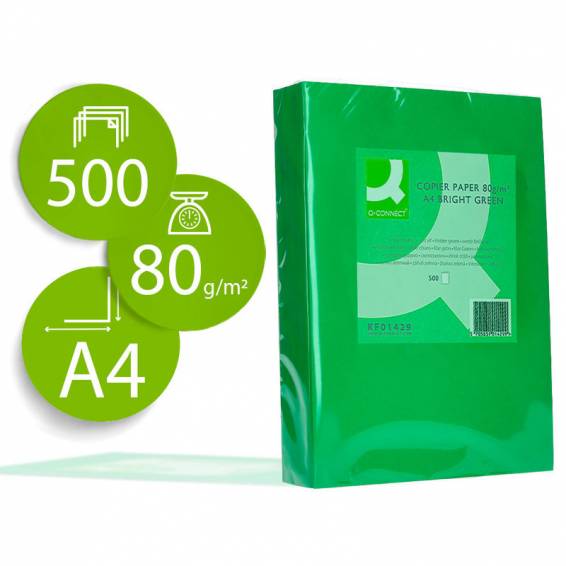 Papel color q-connect din a4 80gr verde intenso paquete de 500 hojas