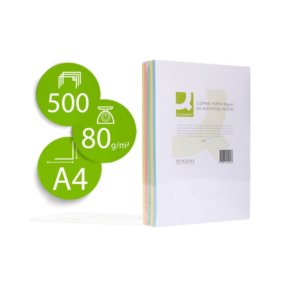 Papel color q-connect din a4 80 gr 5 colores surtidos paquete de 500 hojas