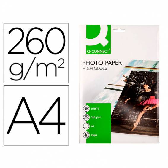 Papel q-connect foto glossy kf02163 din a4 alta calidad digital photo para ink-jet bolsa de 20 hojas de 260 gr