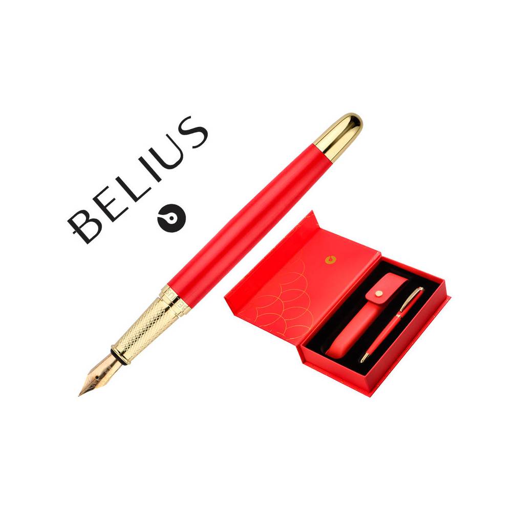 Pluma y estuche cuero belius passion dor aluminio textura cepillada color rojo y dorado tinta azul caja de diseño