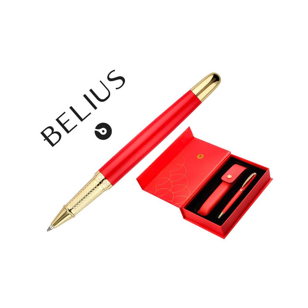 Boligrafo y estuche belius passion dor aluminio textura cepillada color rojo y dorado tinta azul caja de diseño