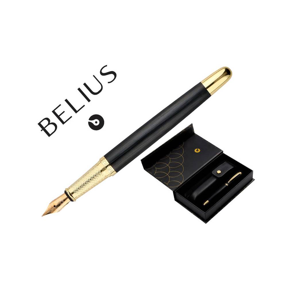 Pluma y estuche cuero belius passion dor aluminio textura cepillada color negro y dorado tinta azul caja diseño