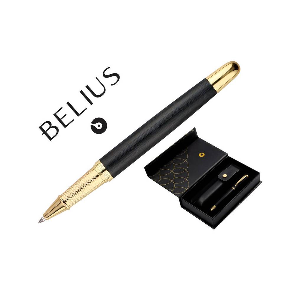 Boligrafo y estuche belius passion dor aluminio textura cepillada color negro y dorado tinta azul caja diseño