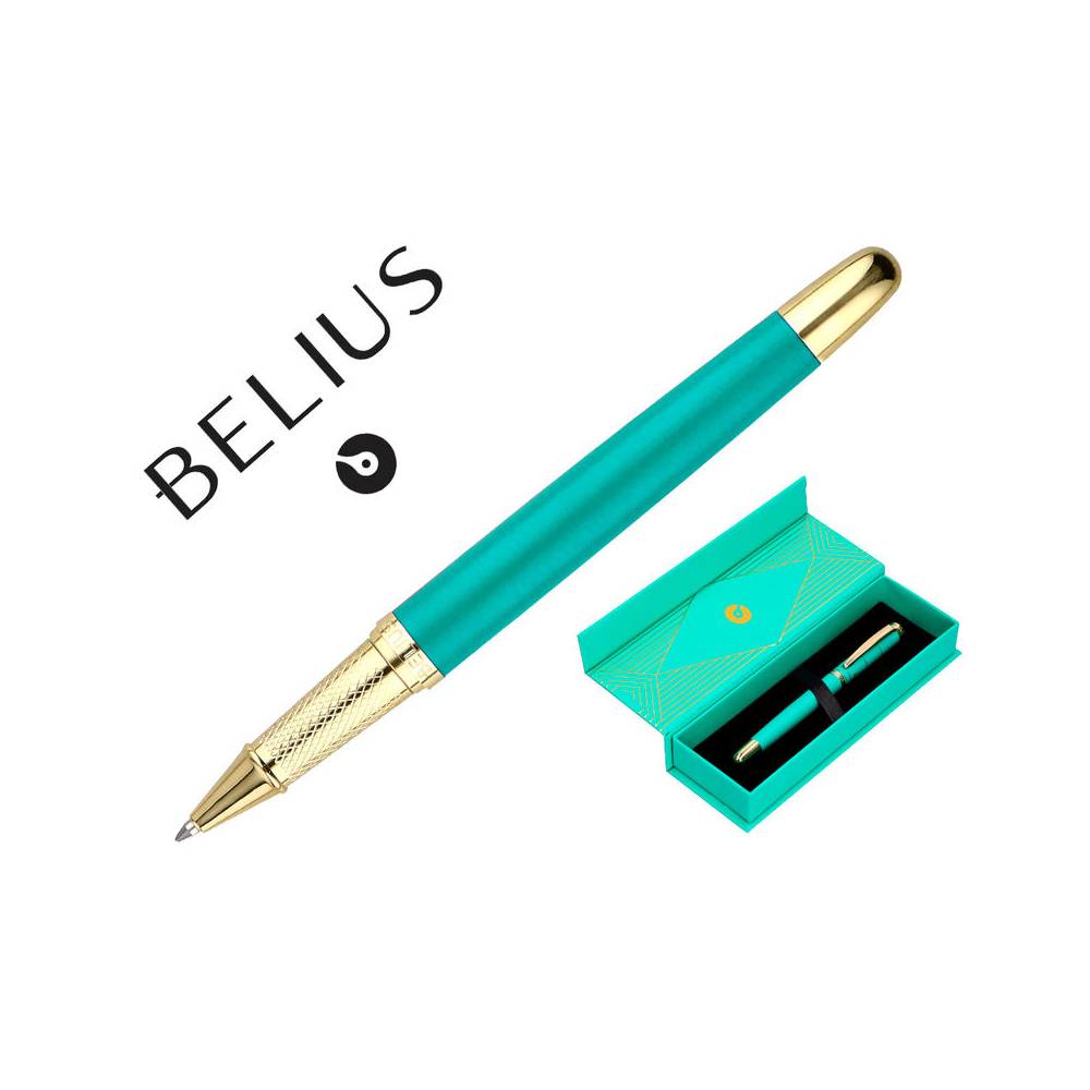 Boligrafo belius soiree aluminio color art deco turquesa y dorado tinta azul caja de diseño