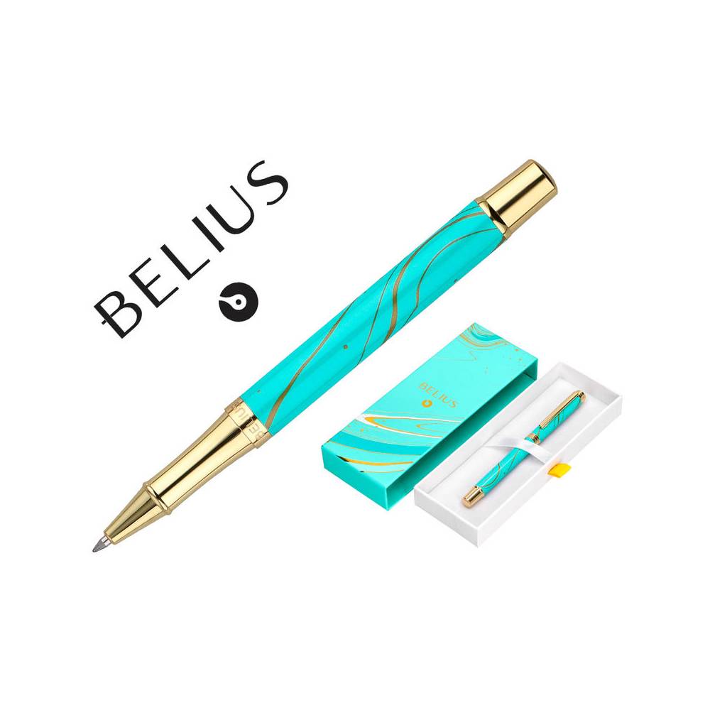 Roller belius aqua aluminio color turquesa y dorado tinta negra caja de diseño