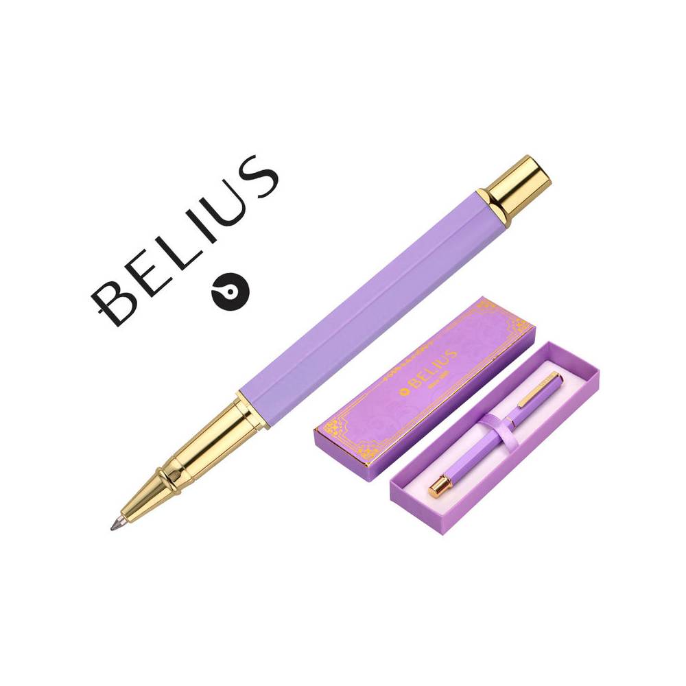 Boligrafo belius macaron bliss forma hexagonal color morado y dorado tinta azul caja de diseño