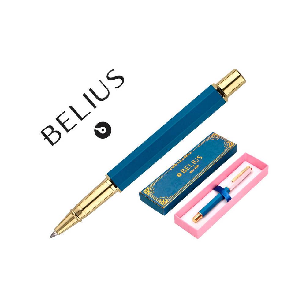 Boligrafo belius macaron bliss forma hexagonal color rosa/ azul y dorado tinta azul caja de diseño