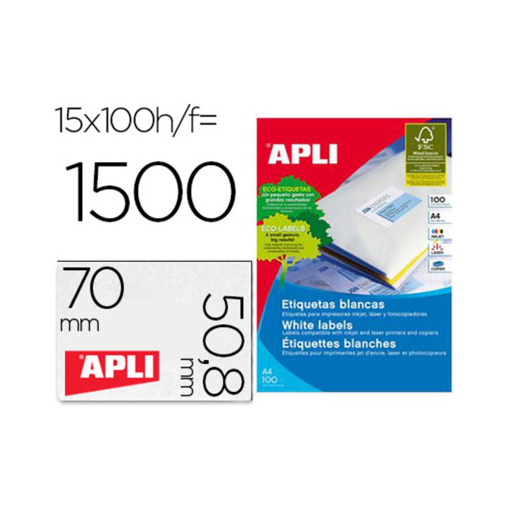 Etiqueta adhesiva apli 1295 tamaño 70x50,8 mm fotocopiadora laser ink-jet caja con 100 hojas din a4