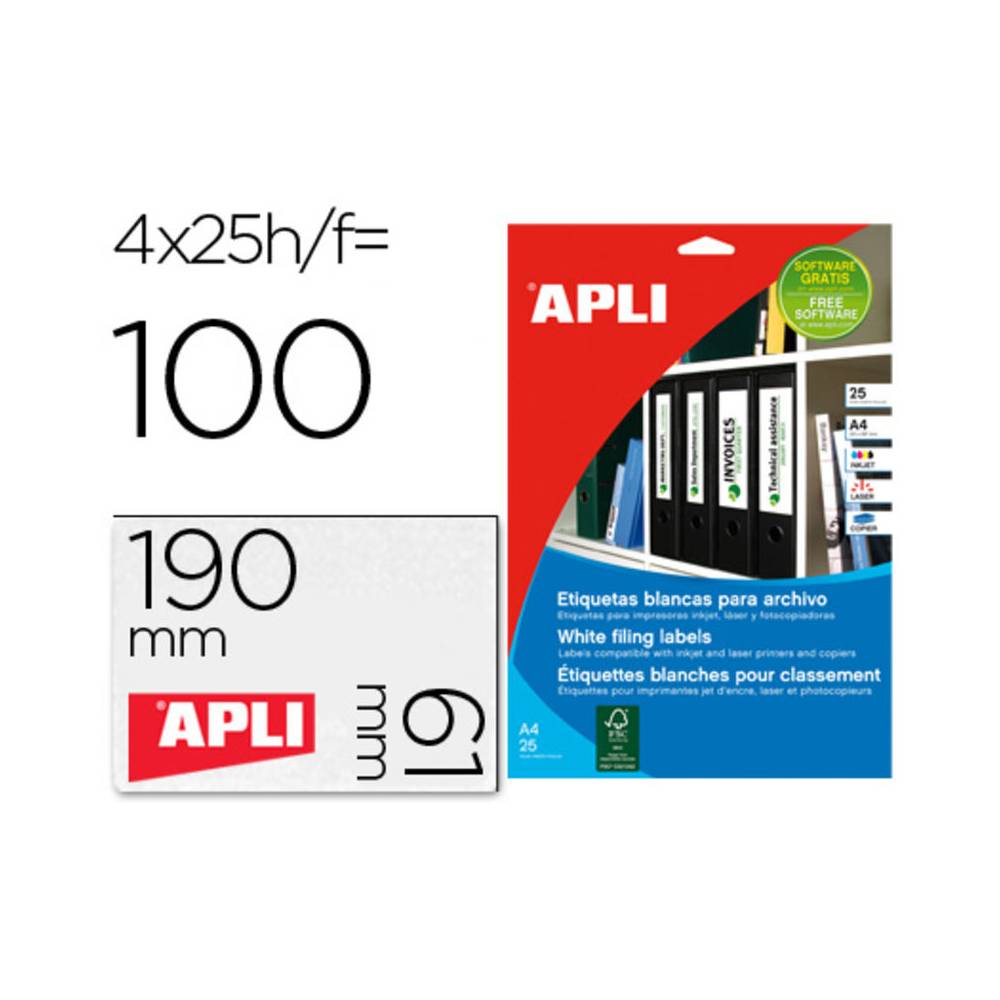 Etiqueta adhesiva apli 1233 tamaño 190x61 mm para fotocopiadora laser ink-jet caja 25 hojas con 100