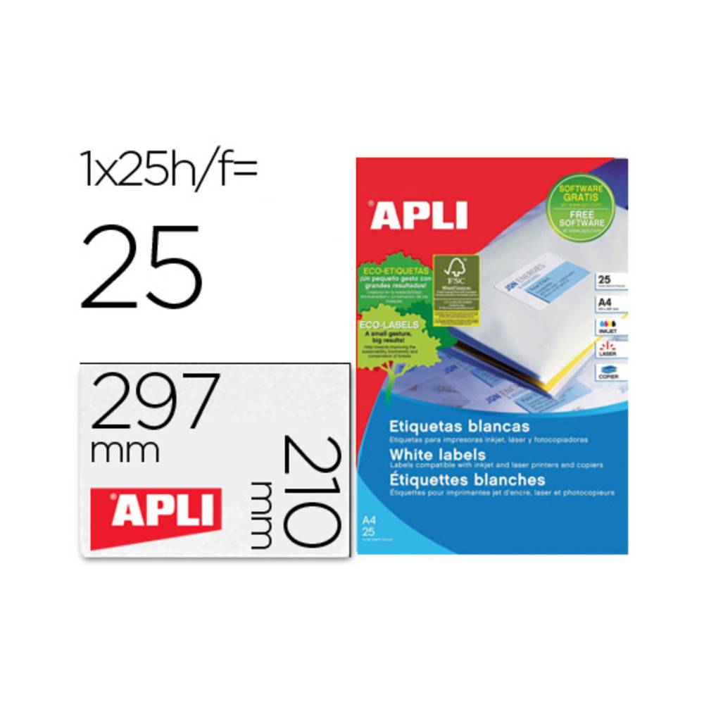 Etiqueta adhesiva apli 1215 tamaño 210x297 mm para fotocopiadora laser ink-jet caja con 25 hojas con 25