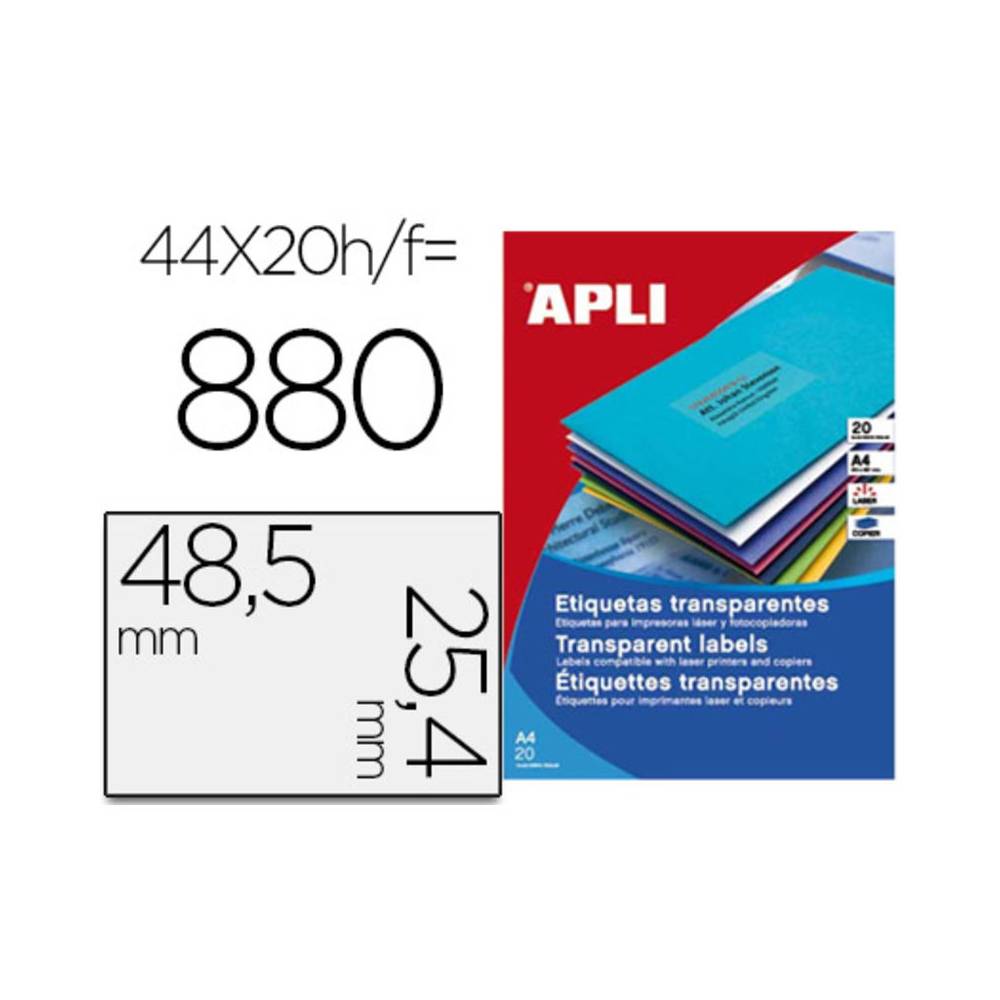 Etiqueta adhesiva apli transparente 48,5x25,4 mm fotocopia laser inkjet caja 20 hojas din a4 con 880