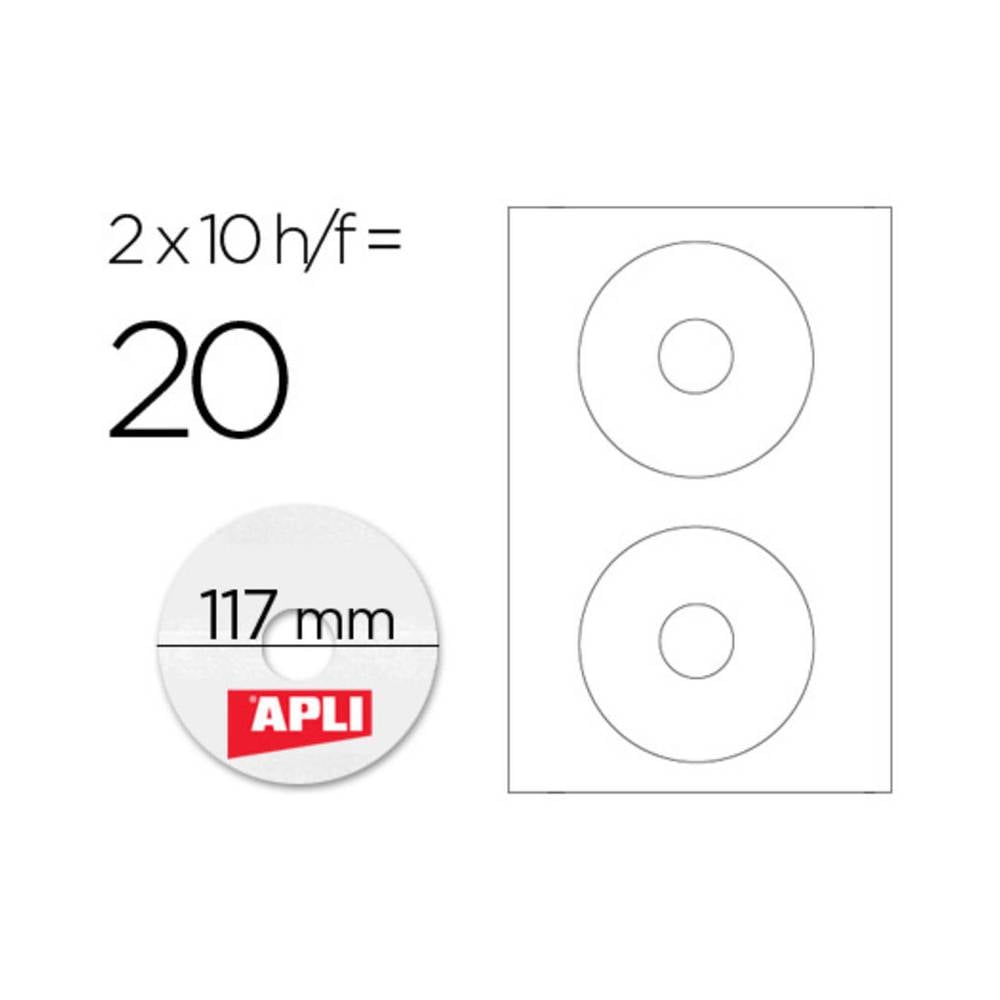 Etiqueta adhesiva apli 10603 tamaño cd-rom 117 mm para fotocopiadora laser ink-jet caja con 10 hojas/20 etiquetas