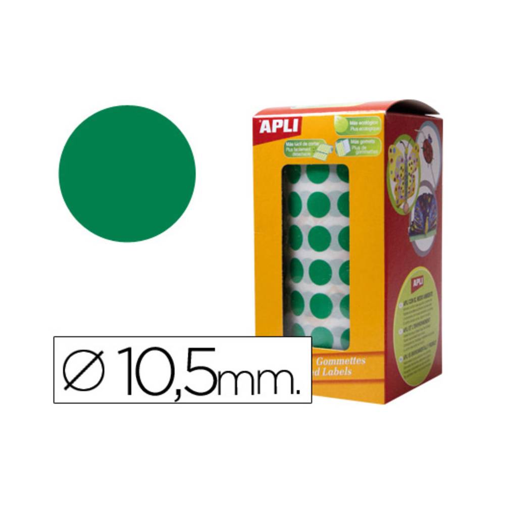 Gomets autoadhesivos circulares 10,5mm verde rollo de 5192 unidades