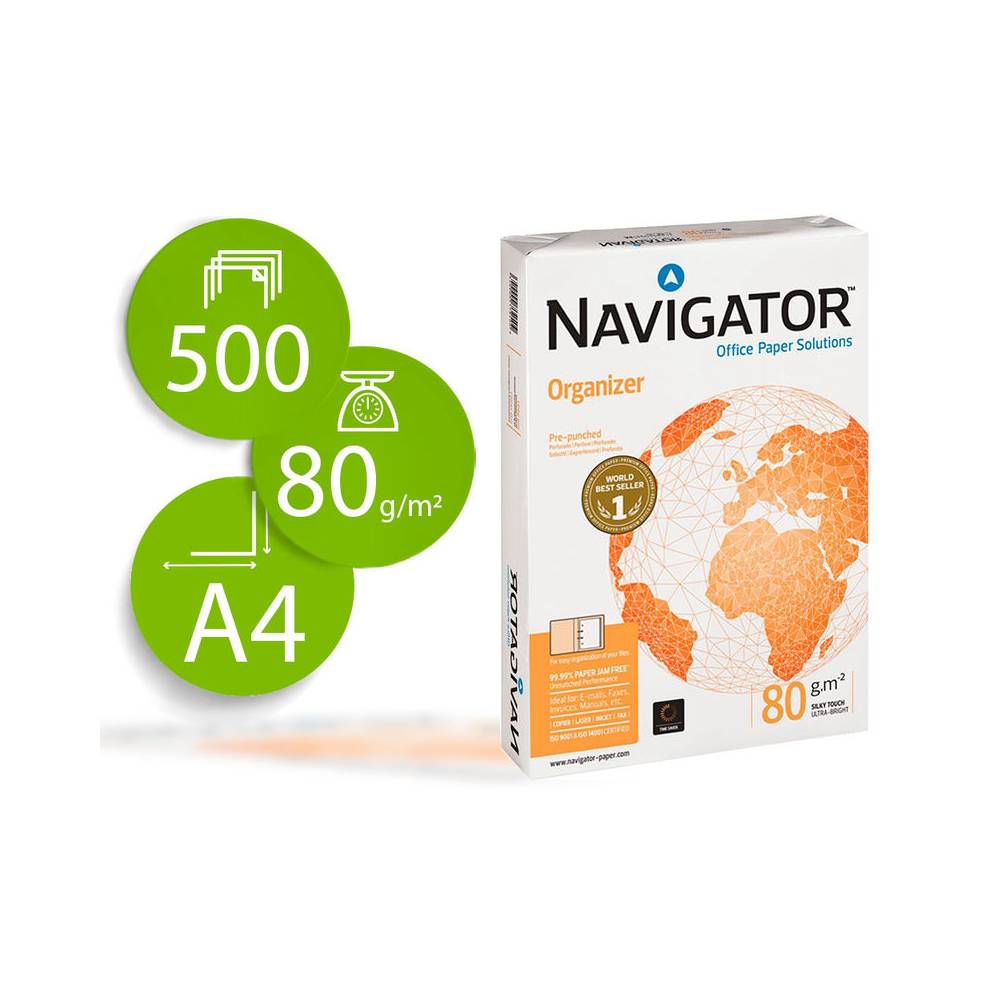 Papel fotocopiadora navigator din a4 80 gramos 2 taladros papel multiuso ink-jet y laser paquete de 500 hojas