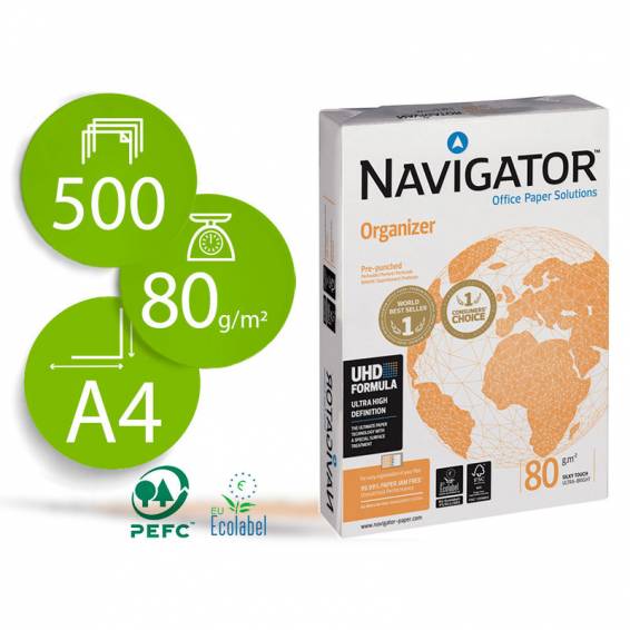 Papel fotocopiadora navigator din a4 80 gramos 4 taladros papel multiuso ink-jet y laser paquete de 500 hojas