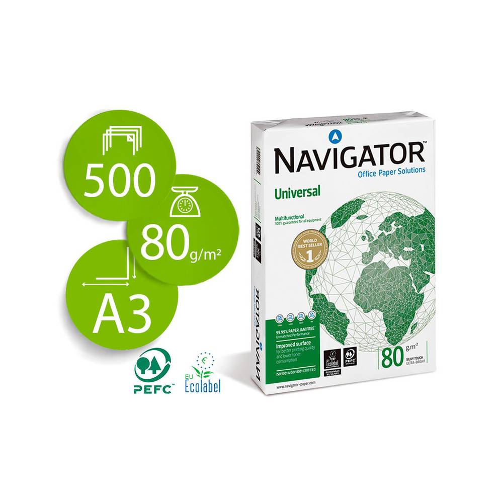 Papel fotocopiadora navigator din a3 80 gramos papel multiuso ink-jet y laser paquete de 500 hojas