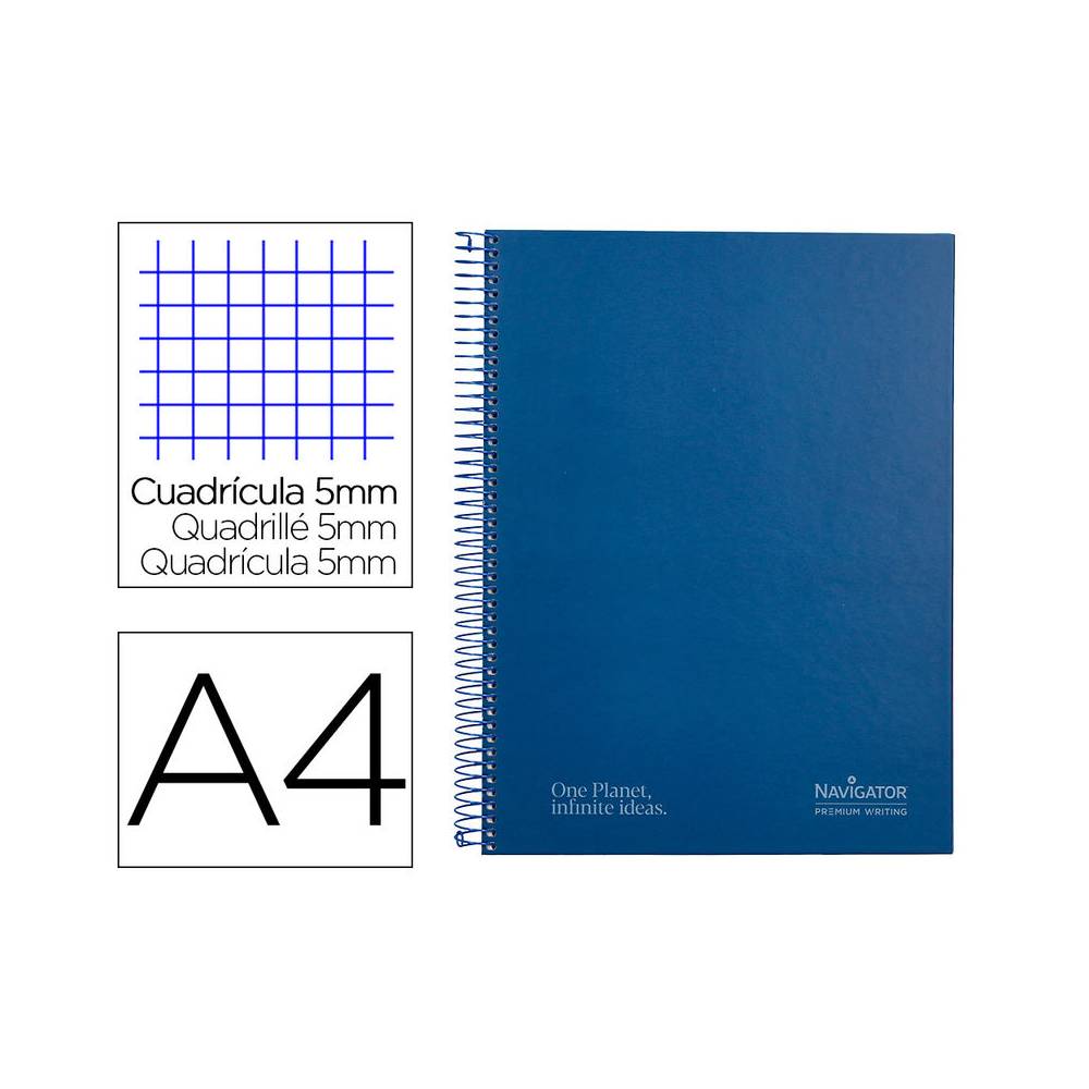 Cuaderno espiral navigator a4 micro tapa forrada 120h 80gr cuadro 5mm 5 bandas 4 taladros color azul marino