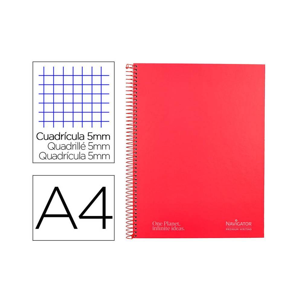 Cuaderno espiral navigator a4 micro tapa forrada 120h 80gr cuadro 5mm 5 bandas 4 taladros color rojo