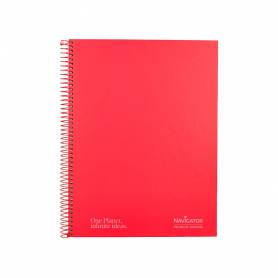 Cuaderno espiral navigator a4 micro tapa forrada 120h 80gr horizontal 5 bandas 4 taladros color rojo