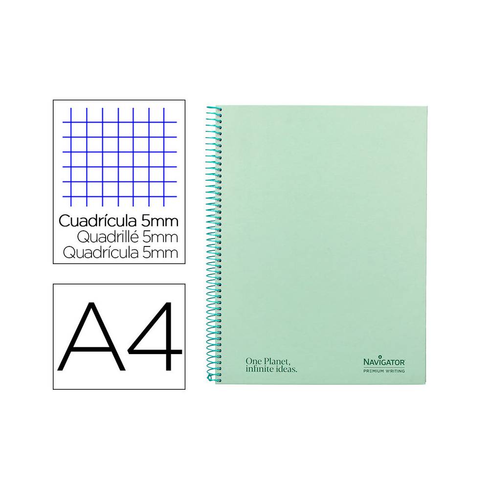 Cuaderno espiral navigator a4 micro tapa forrada 80h 80gr cuadro 5mm 1 banda color menta