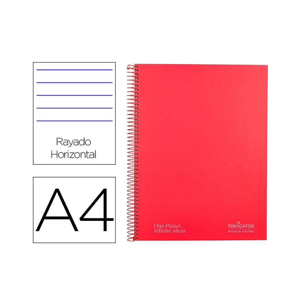 Cuaderno espiral navigator a4 micro tapa forrada 80h 80gr cuadro 5mm 1 banda color rojo