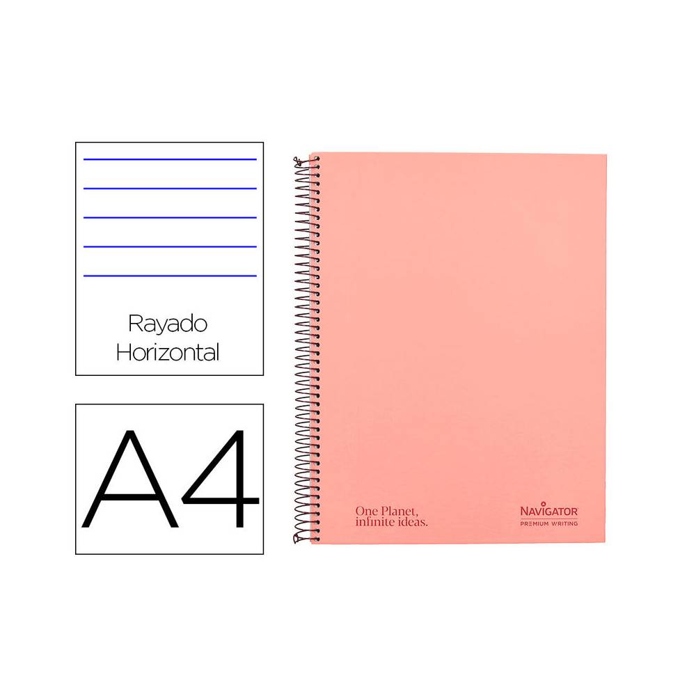 Cuaderno espiral navigator a4 micro tapa forrada 80h 80gr horizontal 1 banda color coral