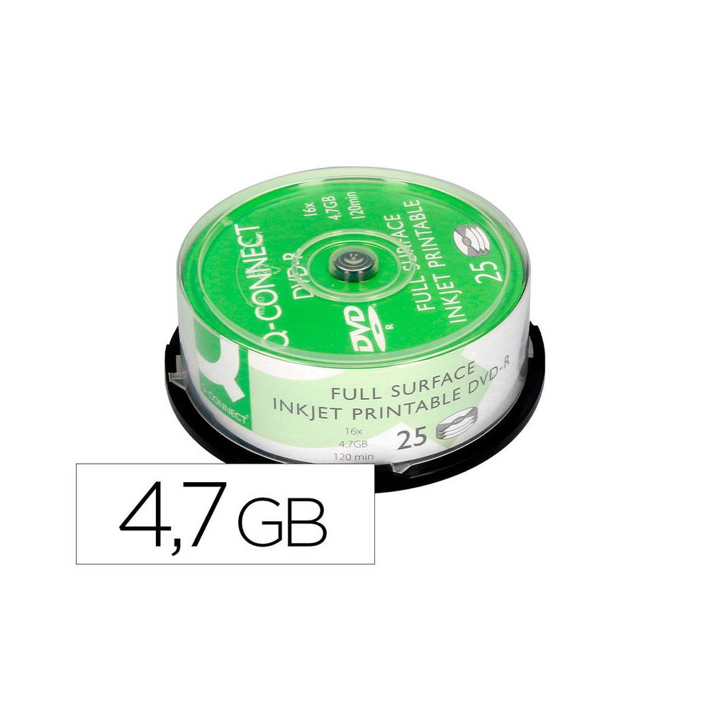 Dvd-r q-connect con superficie 100% imprimible para inkjet capacidad 4,7gb duracion 120mivelocidad 16x bote de 25 unid